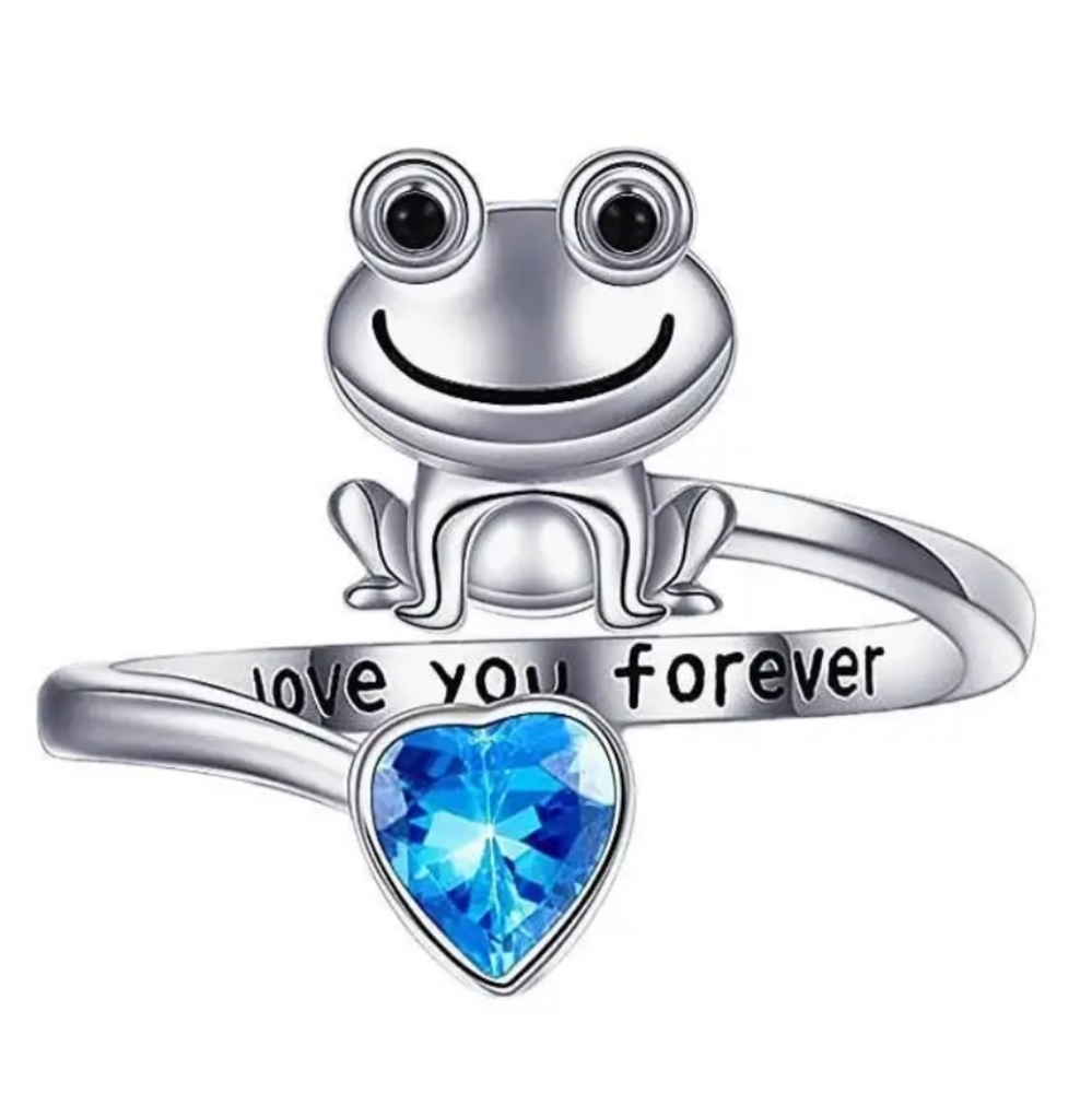 White Gold Plated Love You Forever Frog Open Ring Adjustable With Blue CZ